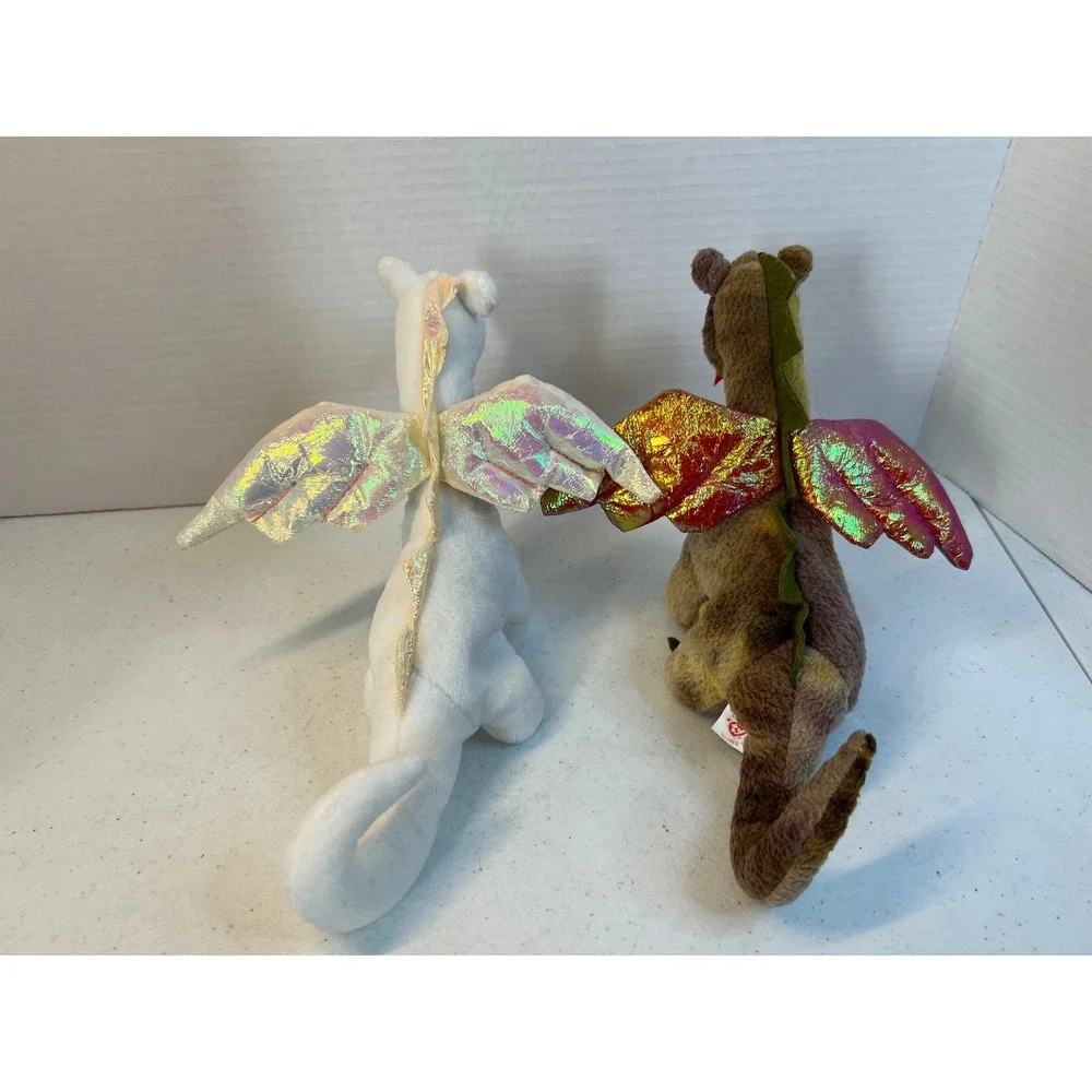 Ty Beanie Babies Magic and Scorch Dragon Plush Set White Brown Iridescent Wings